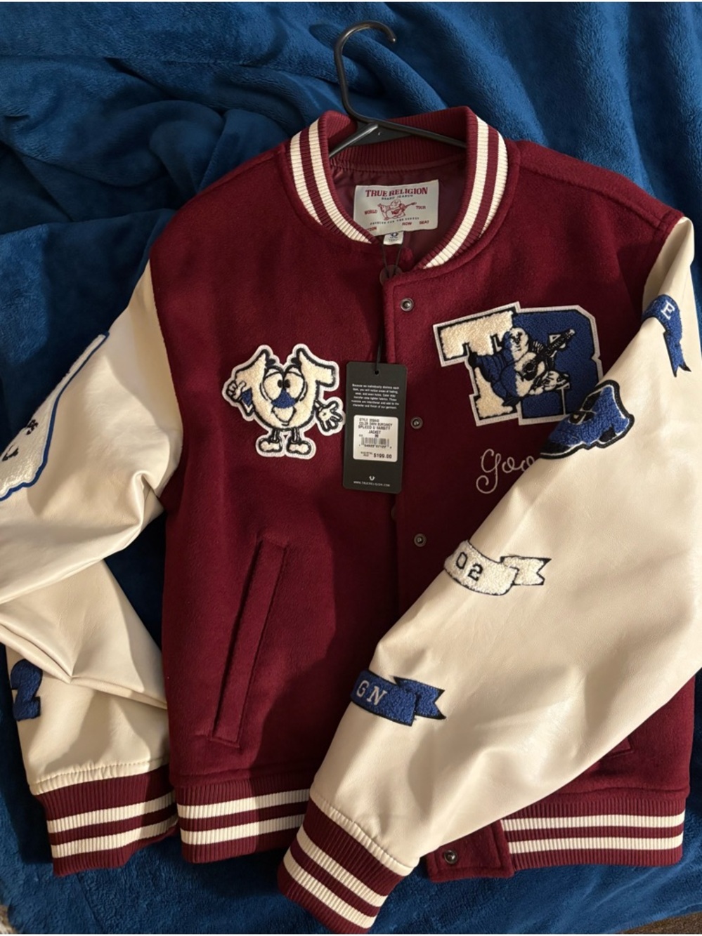 True Religion Maroon and Cream Letterman Jacket with Patches